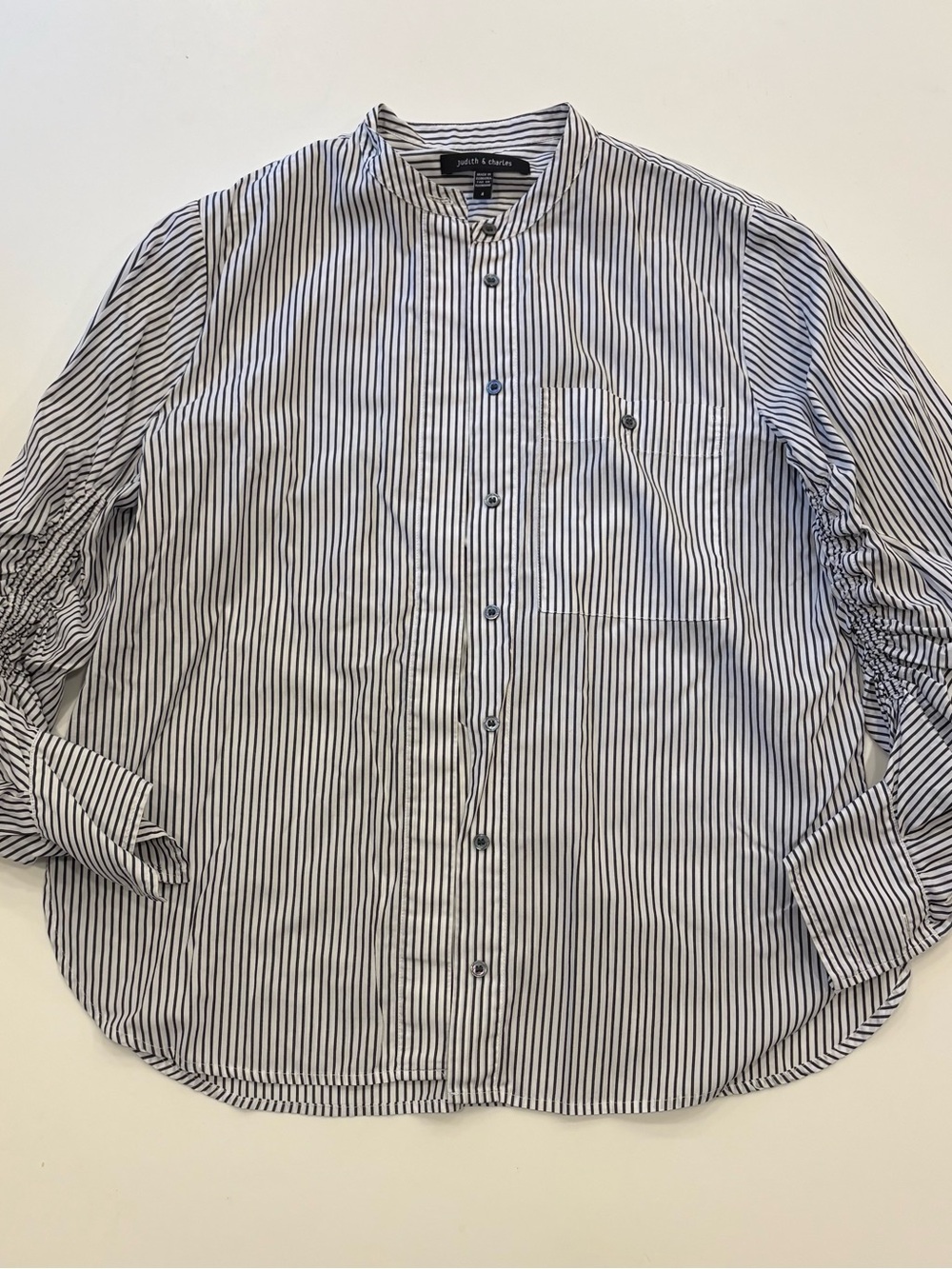 Navy Stripe Mandarin Collar Shirt - Judith and Charles